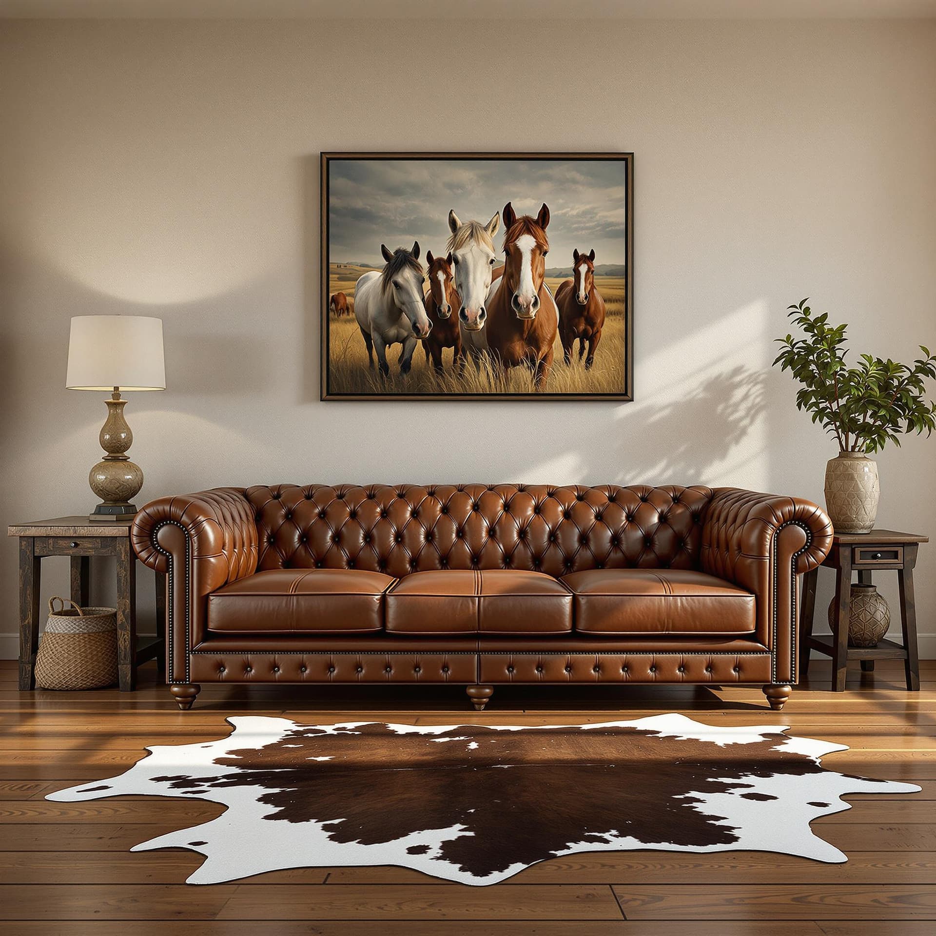 AI generated: photograph, comfy western living room, morning, wood floor, cowhide rug, horses portrait, including ...