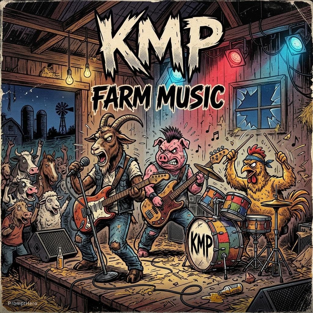 AI generated: Create me a gritty, comic book style, funny animal band image for a song cover called, Farm Music , ...