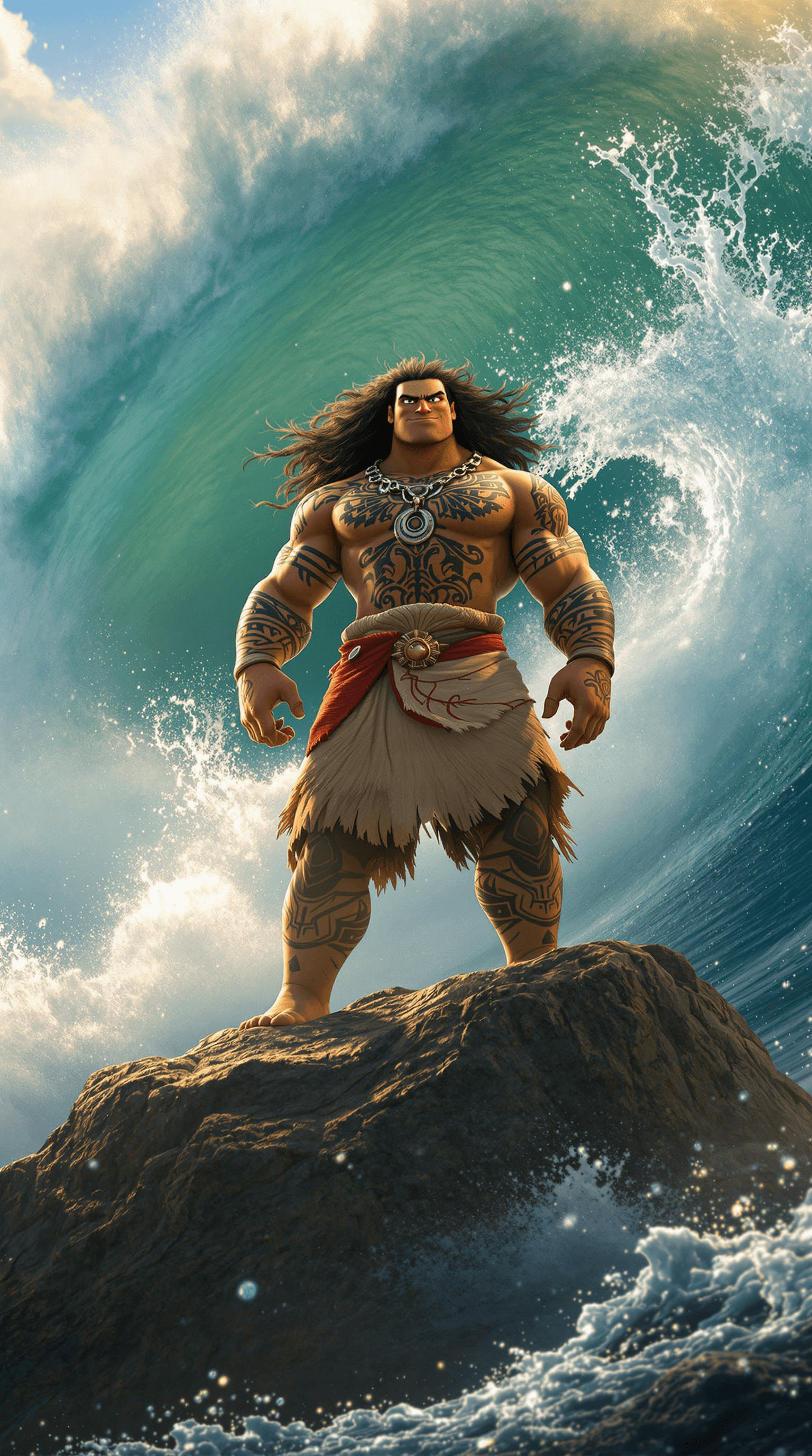 AI generated: A breathtaking, ultra-detailed 3D-rendered image of Maui, the demigod from Moana, standing powerfull...