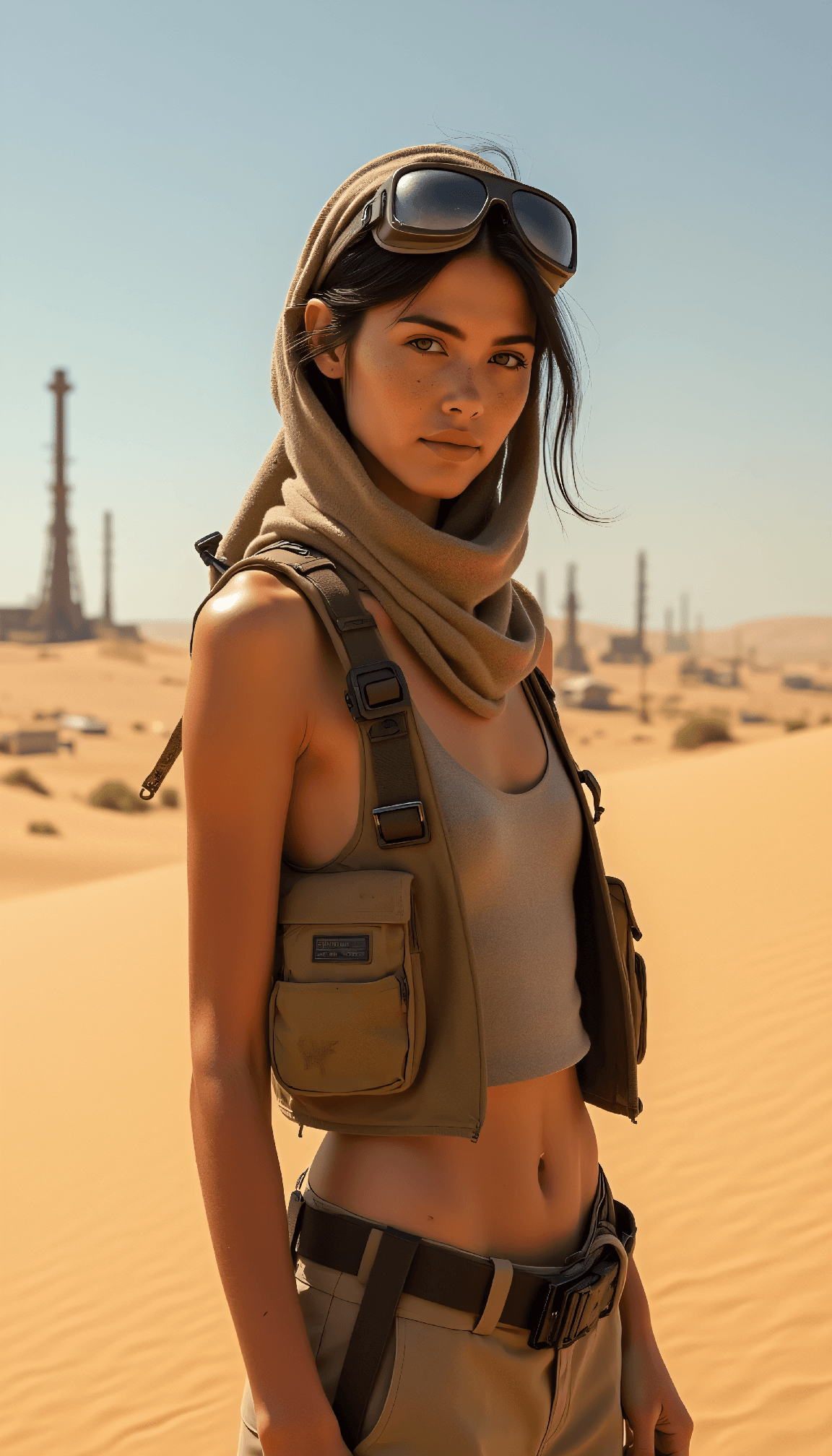 AI generated: Ultra-detailed half body portrait of a desert-hardened woman in her mid 20s, sun-weathered skin with...