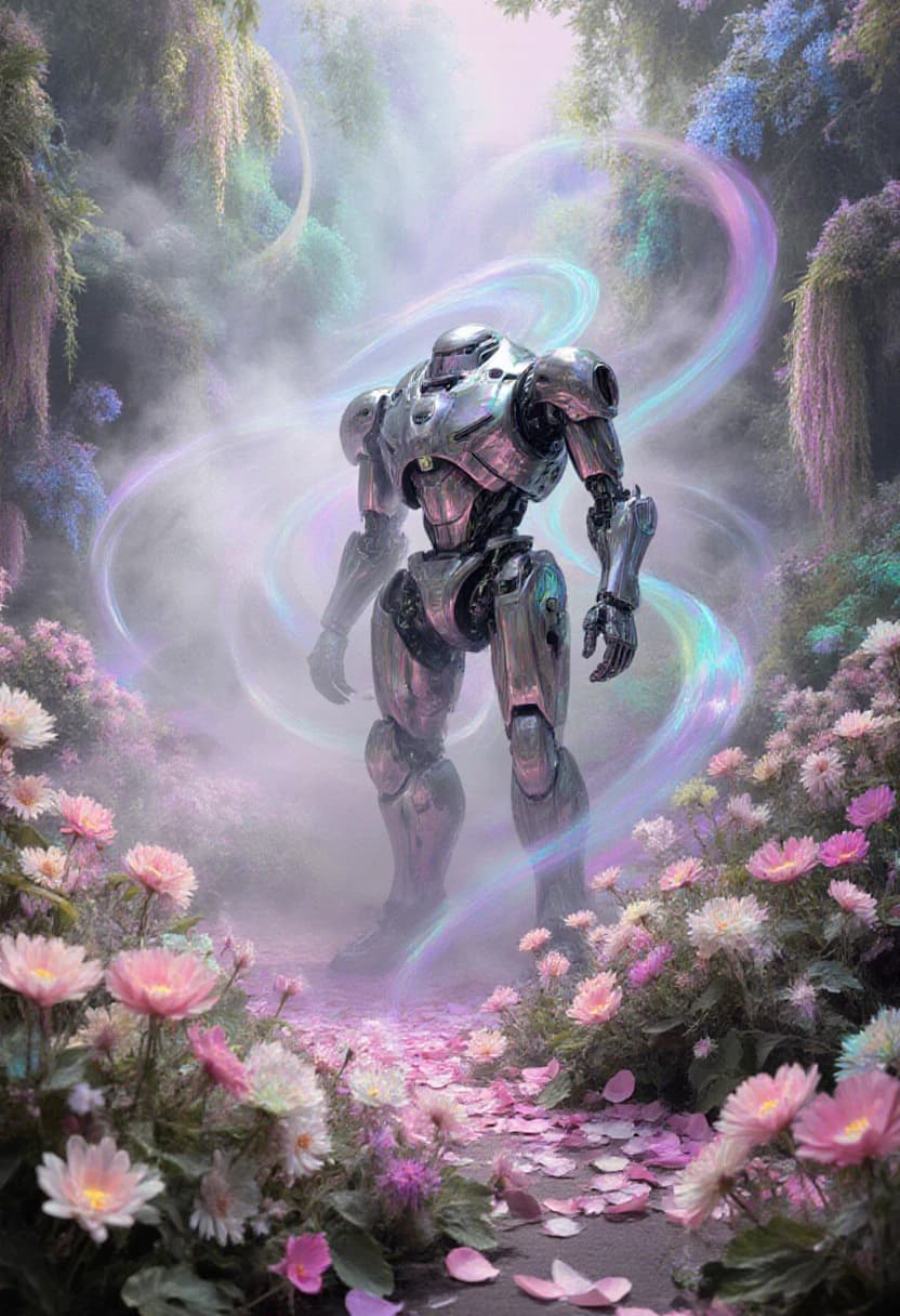 AI generated: A futurist vapor-mist garden under an ethereal light. Delicate flowers of pastel and neon hues creat...