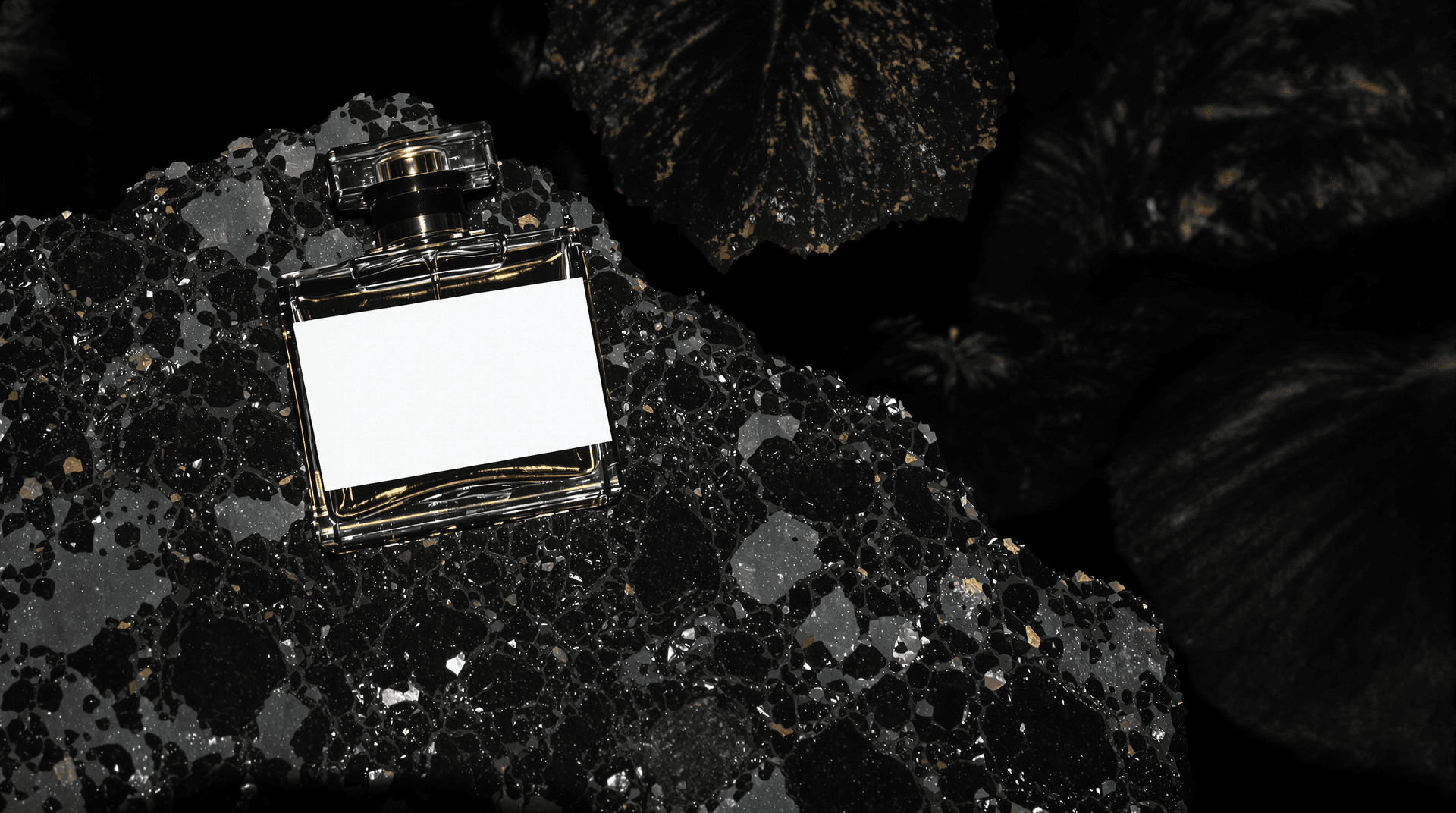 AI generated: Luxury perfume bottle on a rock with an empty white sticker, ad, brand, over a deep dark tropical ba...