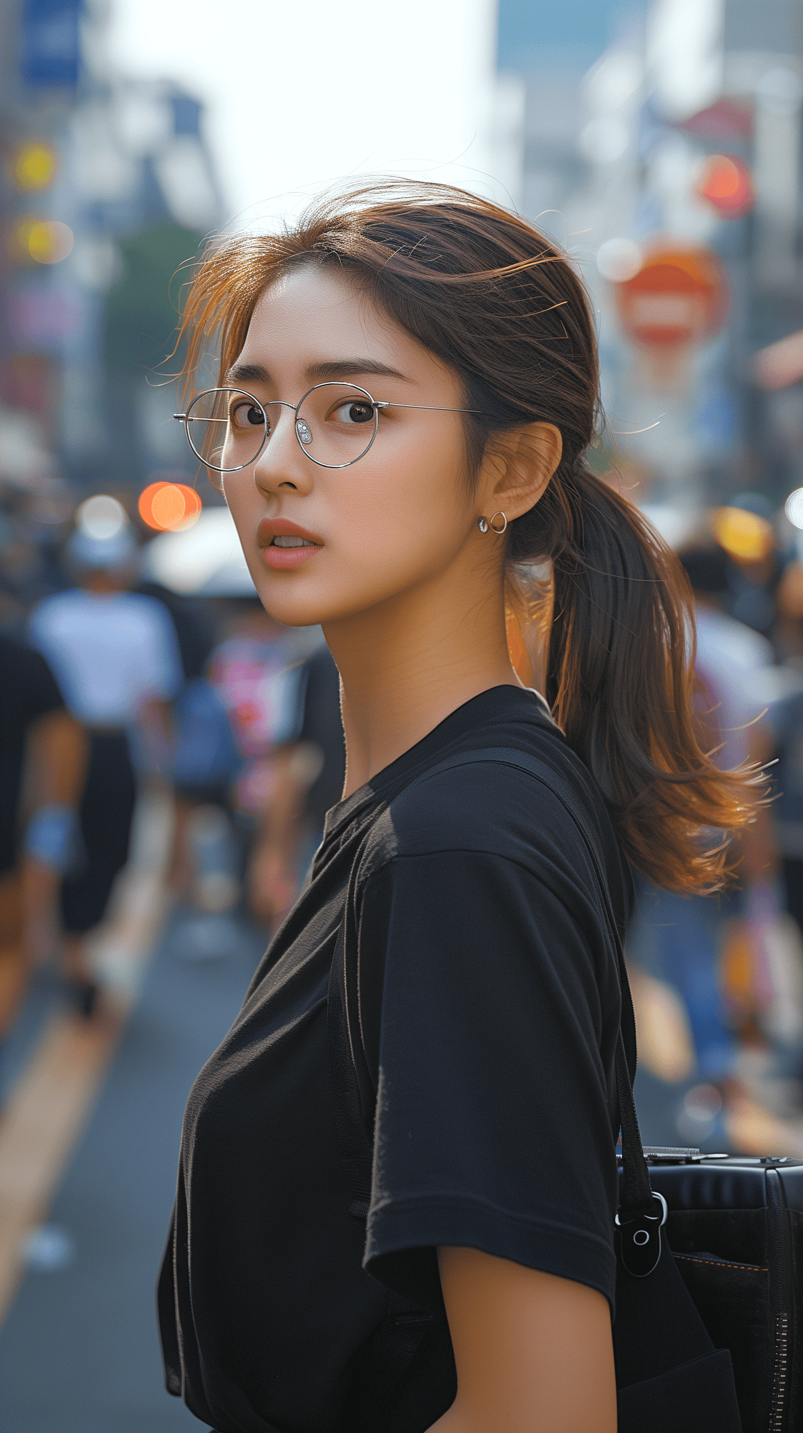 AI generated: photography, side view, upper-body, portray an innocent professional korean woman model standing aga...