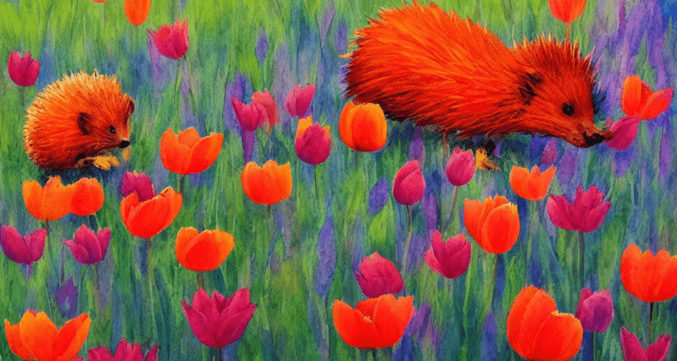 AI generated: Red Hedgehog in a Serene Meadow and Vibrant Orange Tulips, Impressionistic, Soft Brushstrokes, detai...