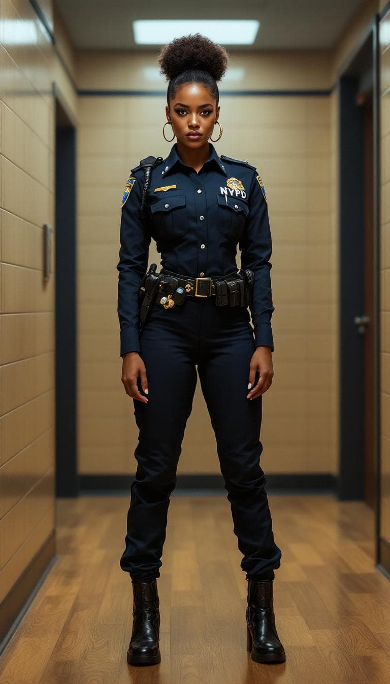 AI generated: Hyper-realistic photo of a gorgeous Afro-American police woman, high bun dark hair, Gold hoop earrin...