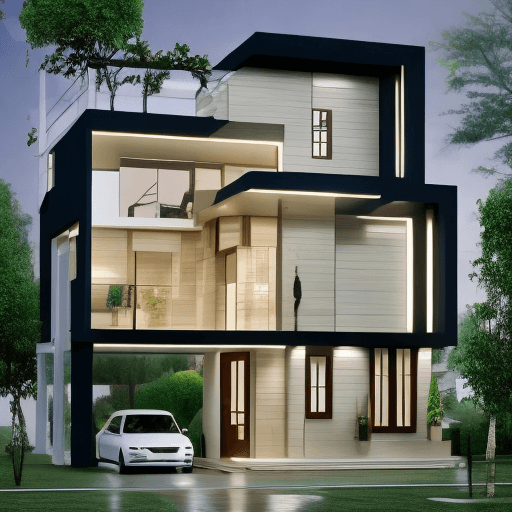 AI generated: Create image of a house in 80 meter square. The width is 5 meter. Front is yard with some trees in 4...