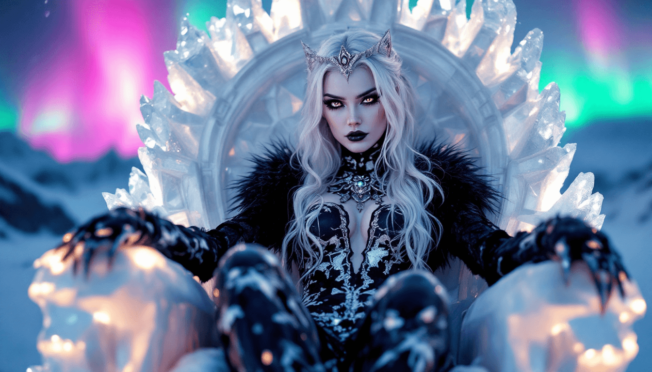 AI generated:  4K, magazine photo shoot quality image of a beautiful 23-year-old platinum blonde ice witch with pi...