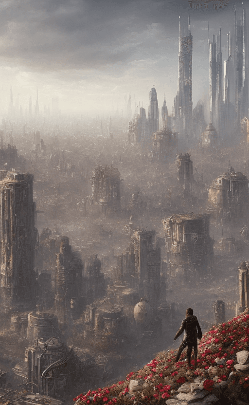 AI generated: post-apocalyptic panoramic cityscape with a dark hooded man holding a bouquet of roses in one hand o...
