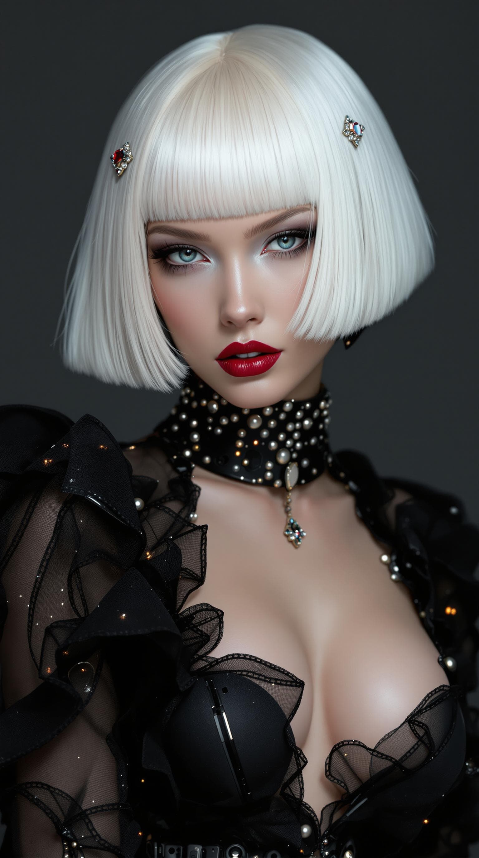 AI generated: A royal beautiful futuristic cyborg woman with white bob hair and red lips,  flat chest, wearing bla...