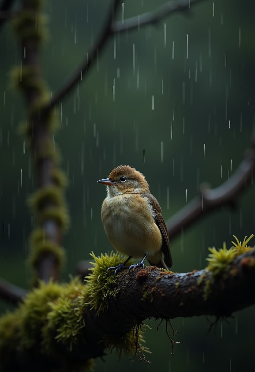 AI generated: A small bird perched on a branch, rain falling softly, everything around covered in moss, captured w...