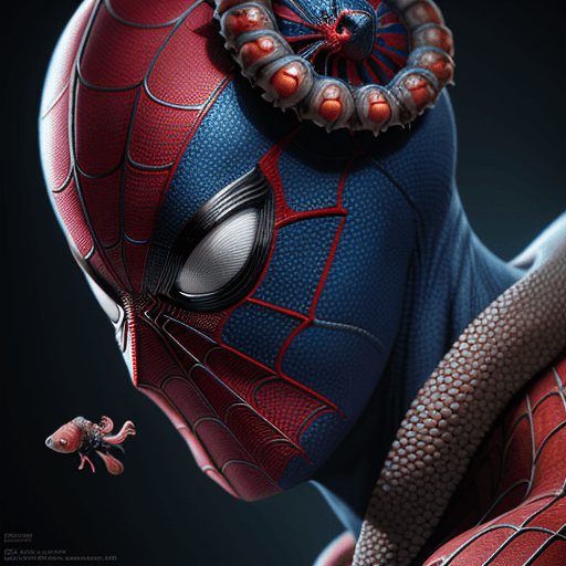 AI generated: Spiderman close-up portrait. one eye, nautilus, orchid, skull, betta fish, Alien creatures, intricat...