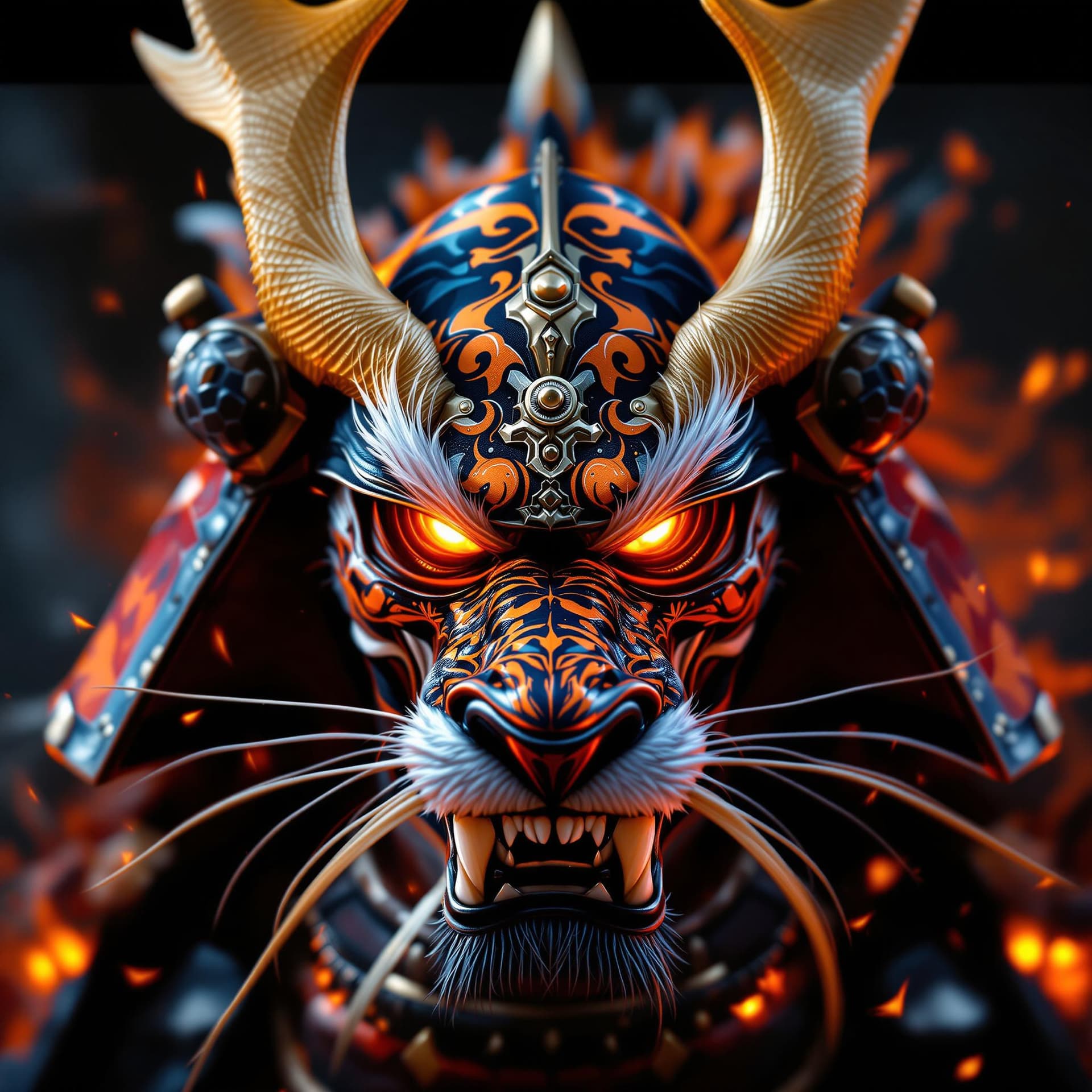 AI generated: samurai dragon, fiery eyes, tiger coloured helmet, close angle, 8k ultra realistic, photography ligh...