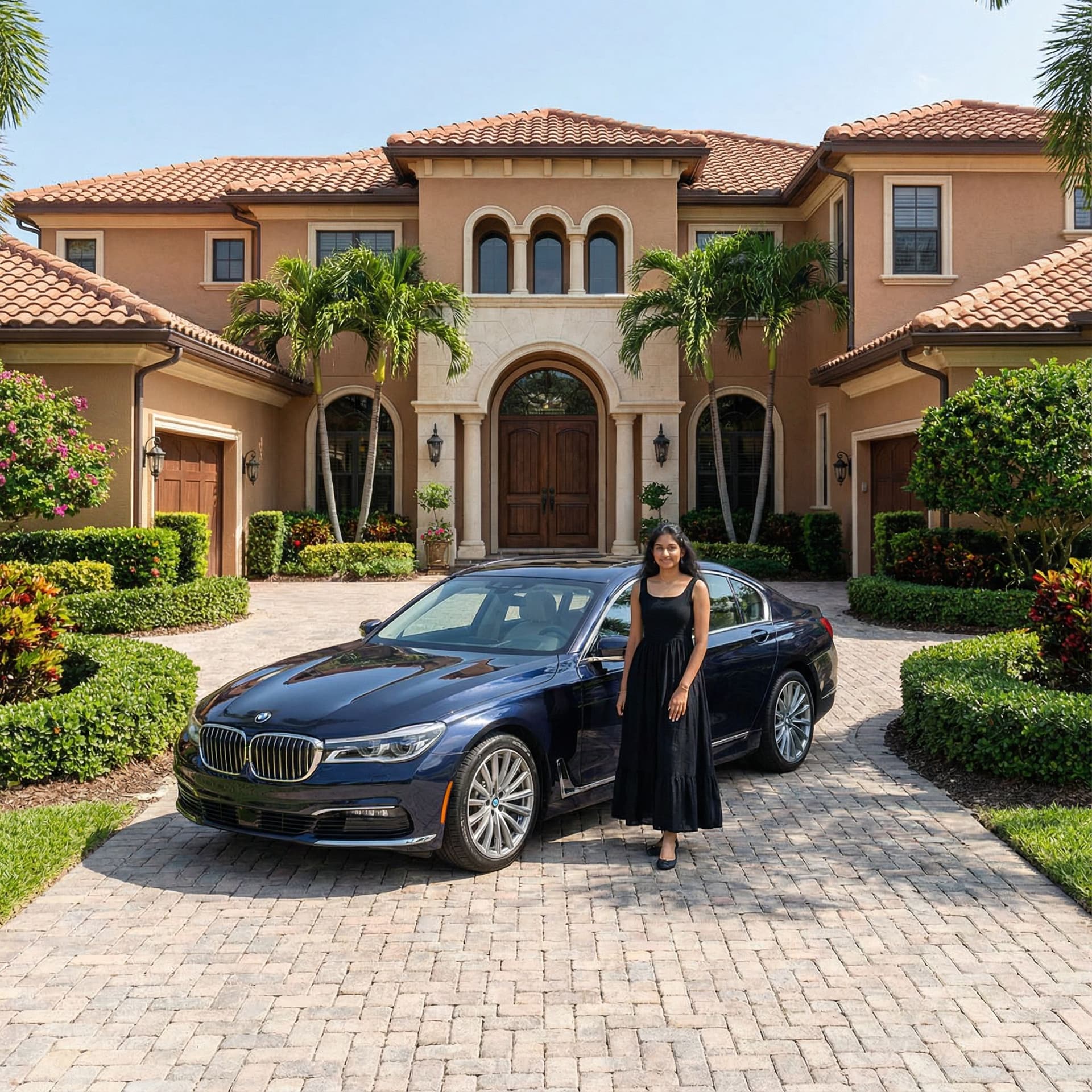 AI generated: Create image of one beautiful house with grand and BMW car outside the of house