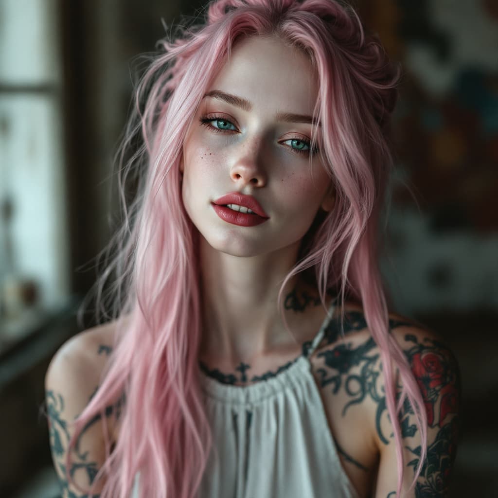 AI generated: High resolution photography 8K of an anorexic tall and slender 24-year-old woman with long, pink hai...