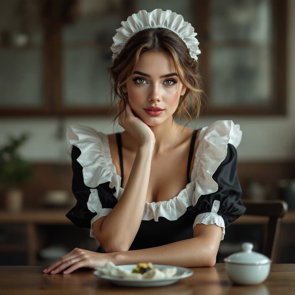 AI generated: female,gorgeous caucasian female dressed as maid, hausemaid, sitting on the table, attractive, flirt...