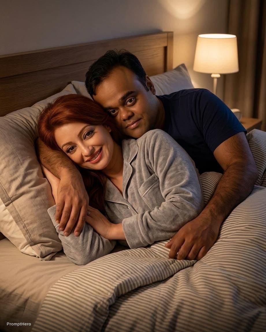 AI generated: The woman lying on bed and man cuddle her