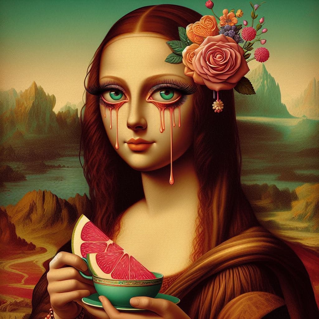 AI generated: Mona Lisa,  lowbrow art, pop surrealism in the style of Natalie Shau