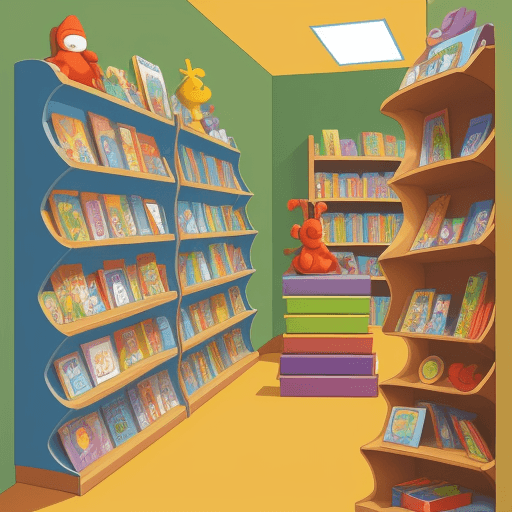 AI generated: 2D picture for a children's book
 on high shelves there are colorful toys of various shapes and size...