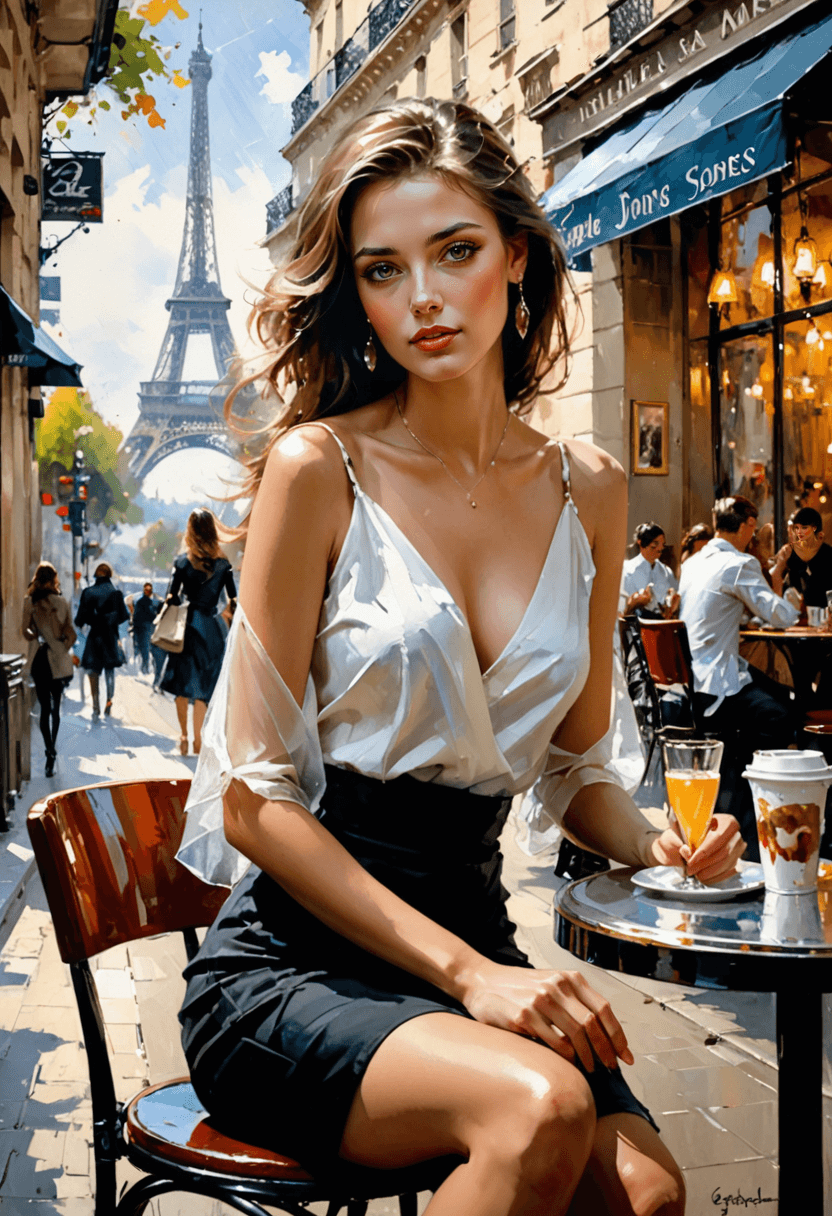 AI generated: created by Richard Anderson and Gerald Harvey Jones and Michael Garmash. elegant girl in a cafe. sit...