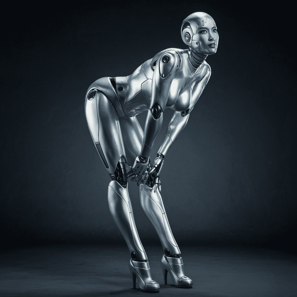 AI generated: sexy silver robot woman, posing for a pin up callender, Hajime Sorayama, full skinny body,feet only,...