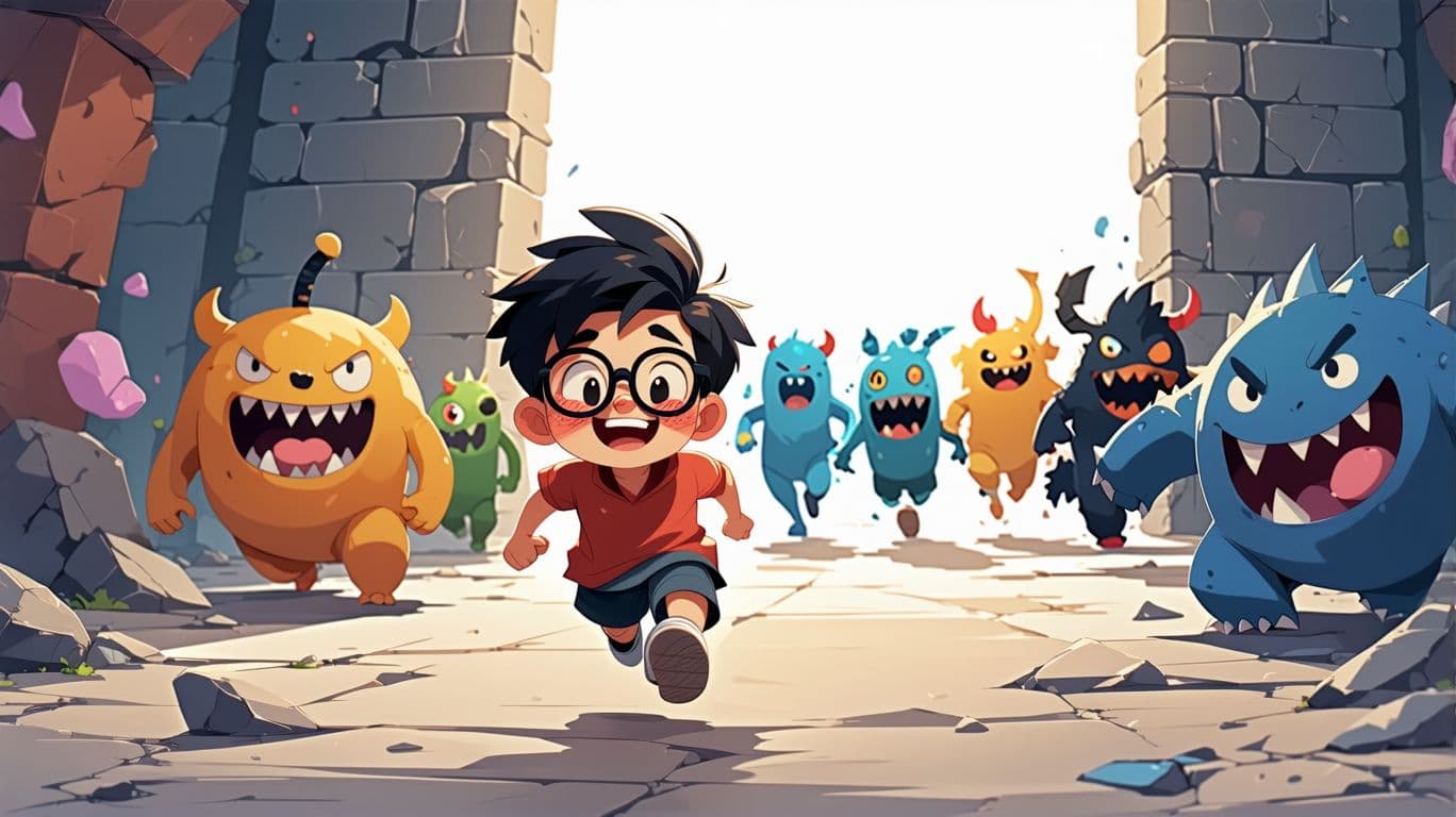 AI generated: "A cartoon-style boy running and looking back, with a humorous expression, laughing with a face of s...