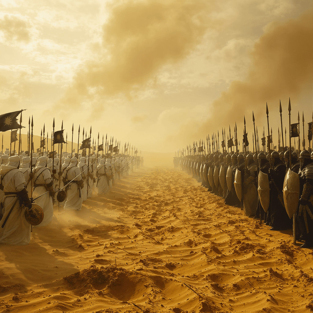 AI generated: Epic historical battlefield, 624 AD Battle of Badr -- symmetrical composition, two armies facing eac...