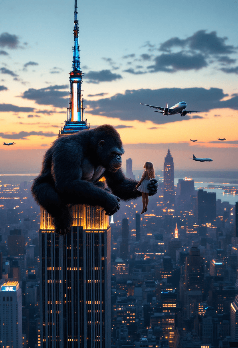 AI generated: An 8K, high resolution masterpiece image of King Kong at the top of the Empire State Building at dus...