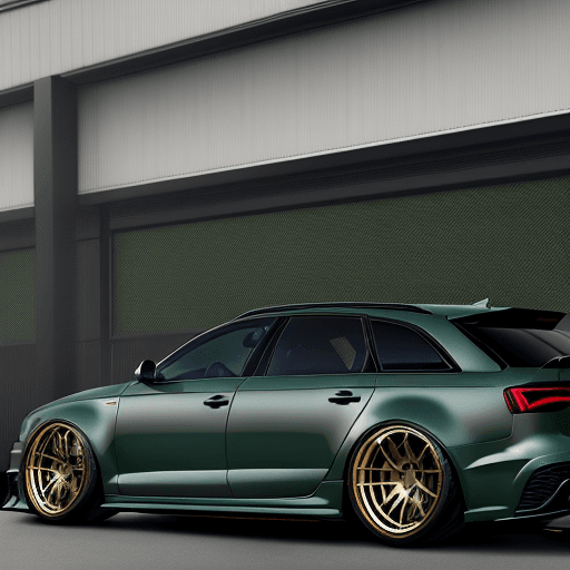 AI generated: Hyper realistic Audi RS6, Dark green, golden 10 spoke wheels, extremely lowered on airbags, windows ...