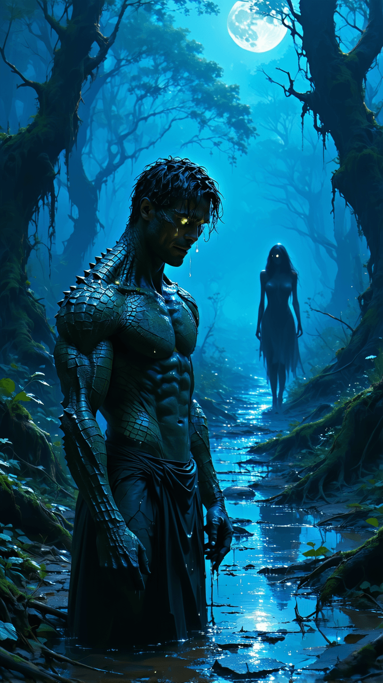 AI generated: A humanoid man with crocodile-scale skin, gleaming with wet textures and armored ridges, stands on a...