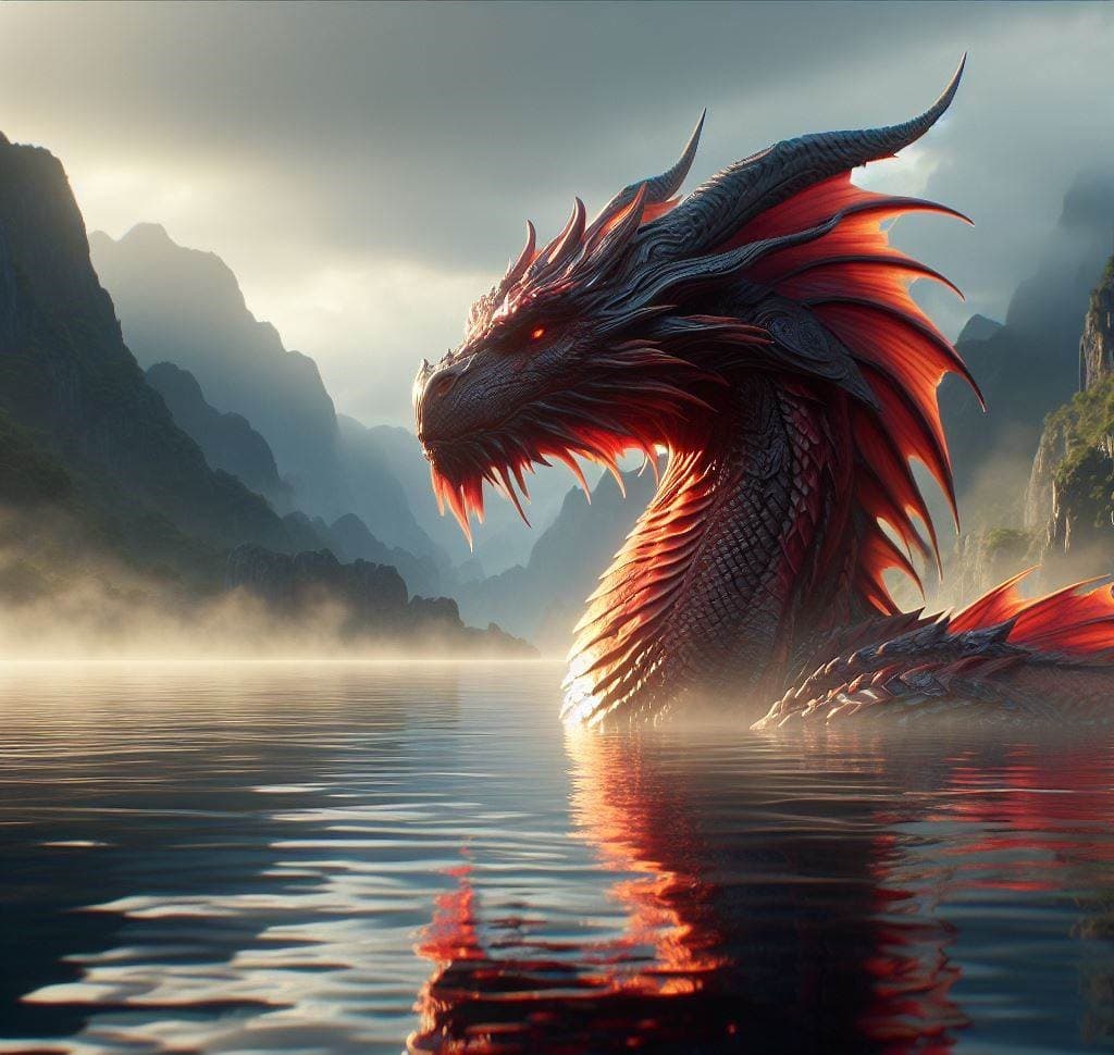 AI generated: a hyper-realistic photo of a stunning anthropomorphic dragon on a lake's surface. Add a touch of atm...