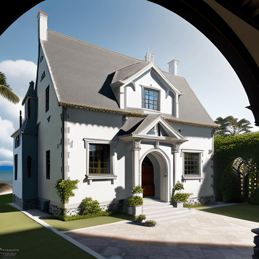AI generated: Hyper realistic eye level exterior photo of a 16th century style house overlooking the ocean, daylig...