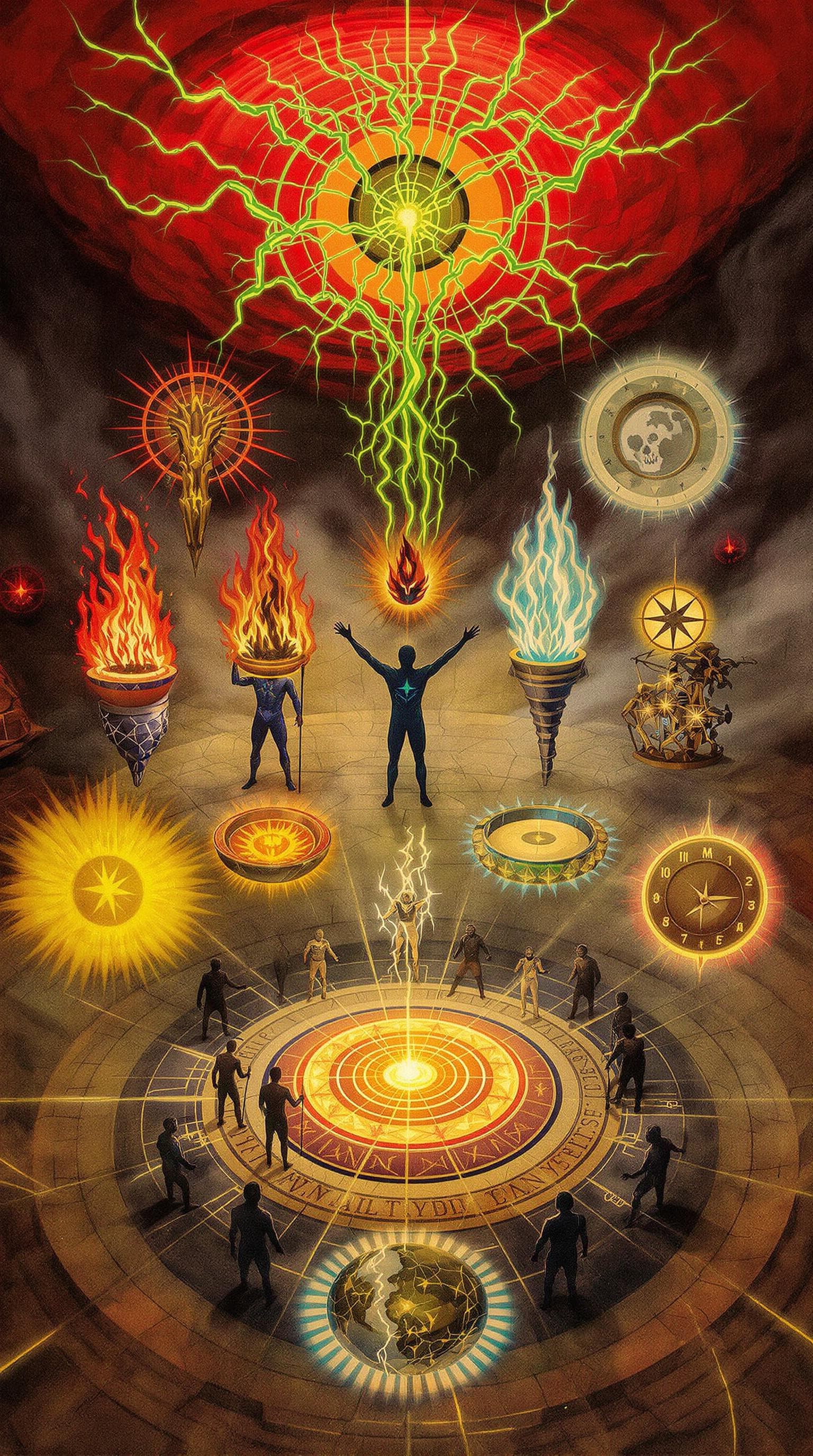 AI generated: An ancient, cracked mural depicting a group of humans performing a ritual on a glowing magic circle....