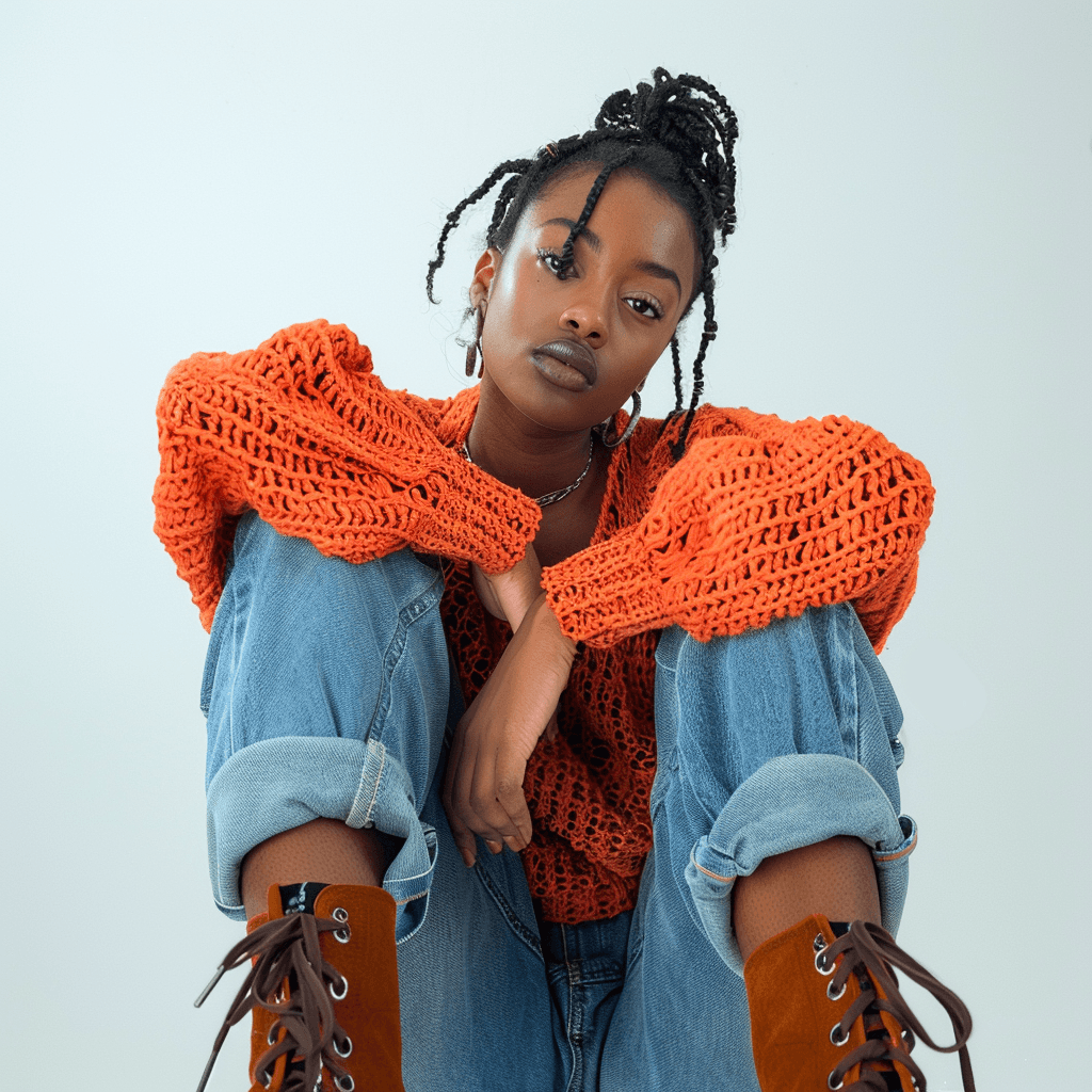 AI generated: Photograph taken from below, black female model looking at the camera, wearing a loose orange croche...