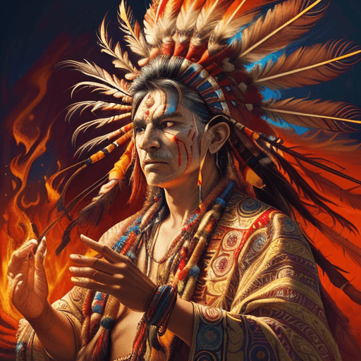 AI generated: Indian chief dancing around a fire, vibrant colors, swirling patterns, intricate feather crown, flow...