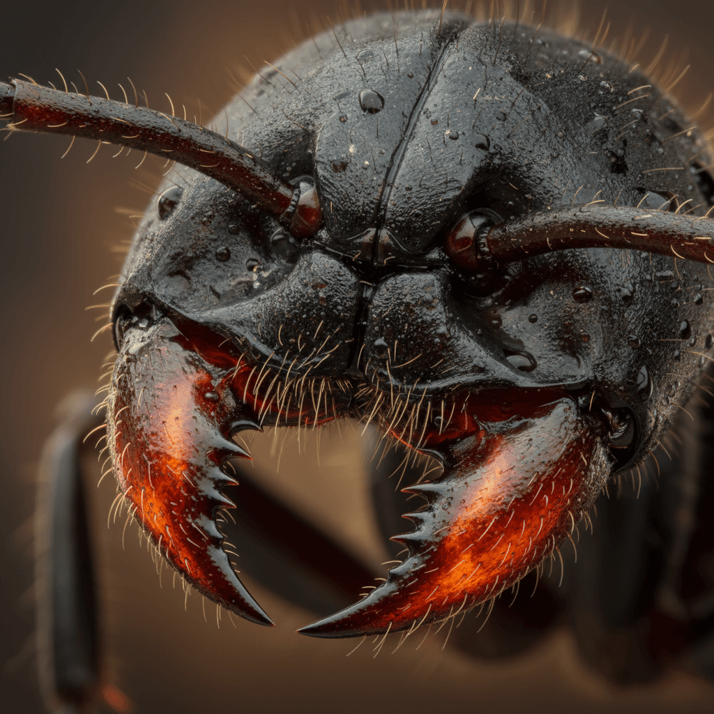 AI generated: "Extreme close-up of an ant’s mandibles — sharp glowing textures under side light"