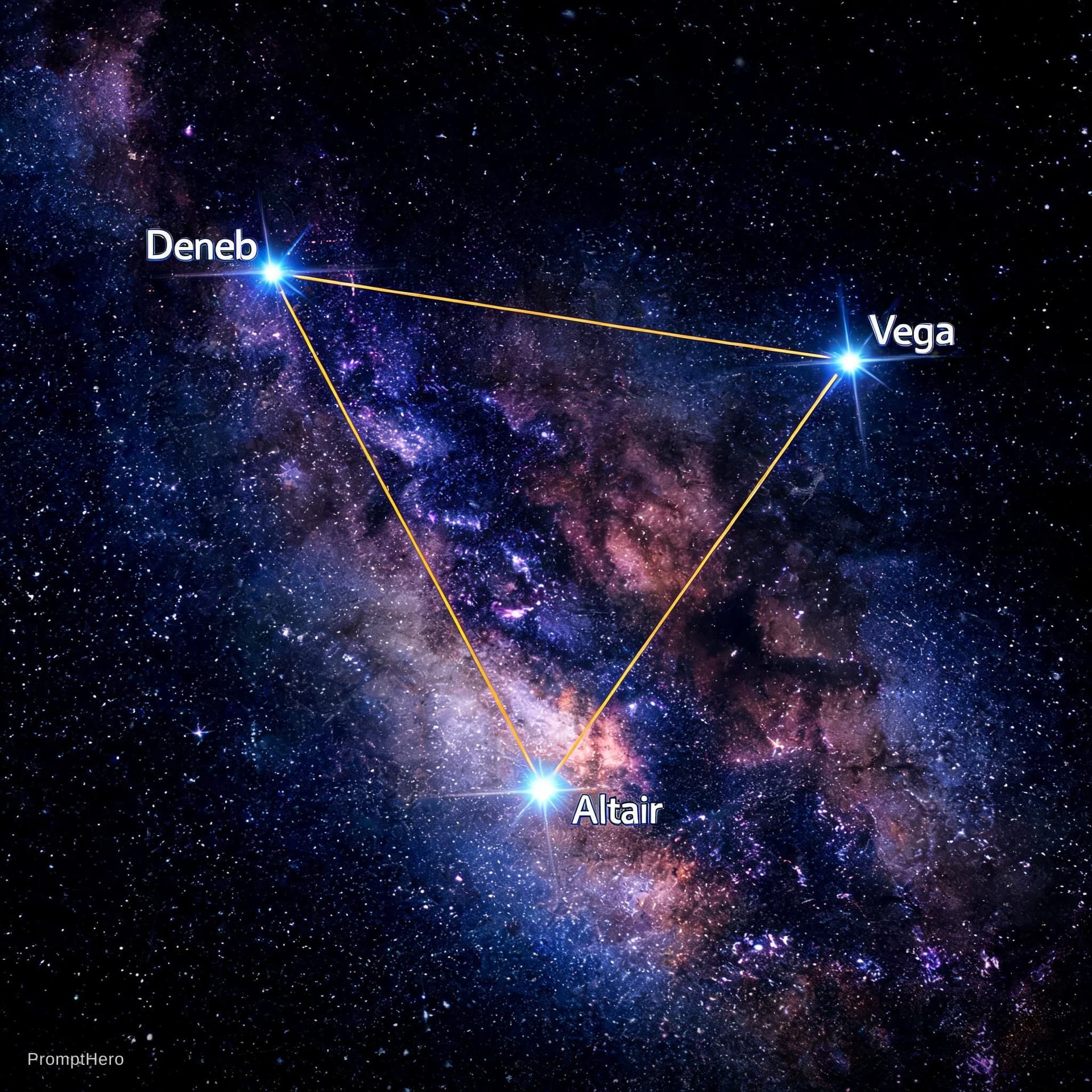 AI generated: Deep space astrophotography, Cygnus, Lyra and Aquila constellations with golden constellation lines ...
