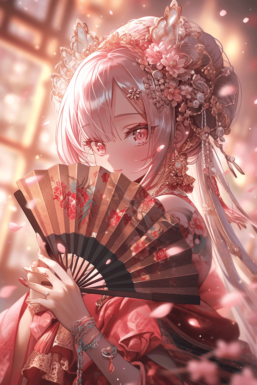 AI generated: A curious French anime character in soft pink armor, holding cherry blossom patterned fan, delicate ...