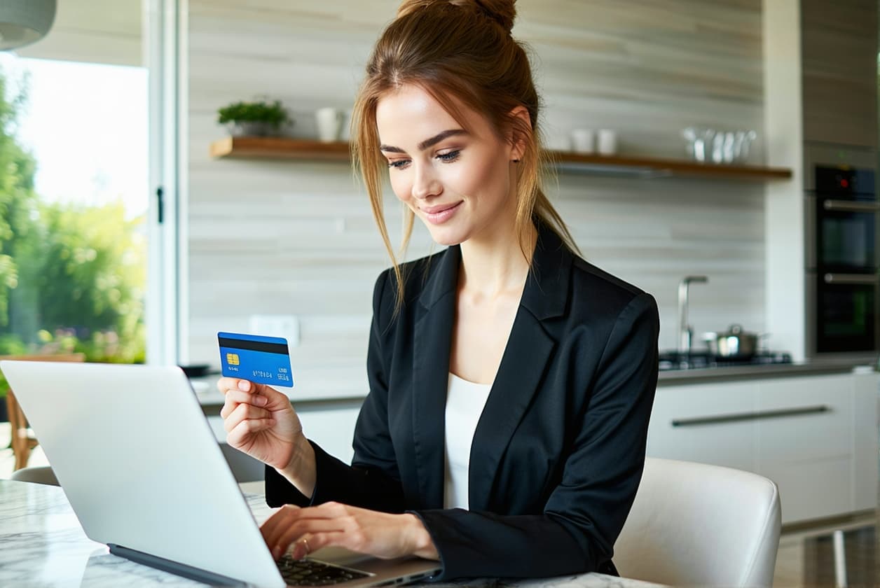 AI generated: A highly realistic photographic image of a stylish woman in her 30s, confidently holding a credit ca...