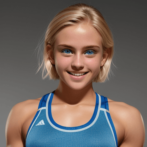 AI generated: big bright blue eyes, short feathered blonde hair, brown skin, deep shadow, athletic clothing, stunn...
