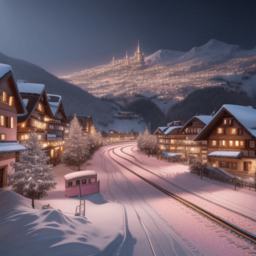 AI generated: This is a hyperrealistic CG rendering of swiss town.  The pink light in the sky shines on the snow, ...