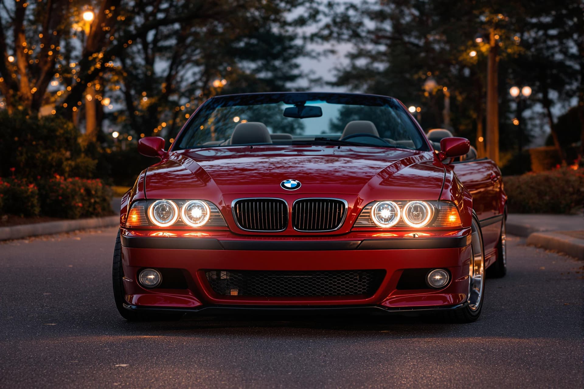 AI generated: dark red bmw e39 M5 convertible, lit angel eyes, cinematic, hyper realism, high detail, 8k, front 3/...