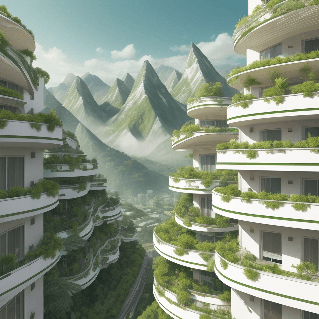 AI generated: Green city with white flowing 3 buildings in the form of long and thin mountains with plants on balc...