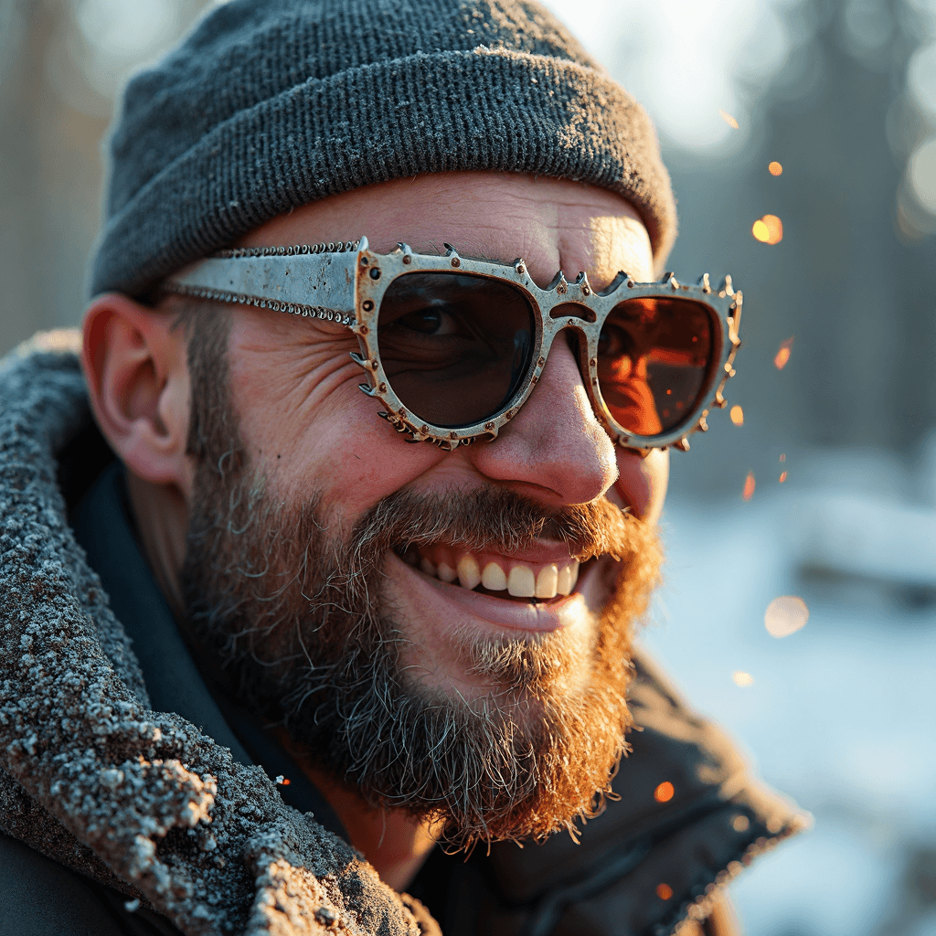 AI generated: frosty sunny morning at a logging site, a smiling lumberjack in the frame, on his face unusual chain...