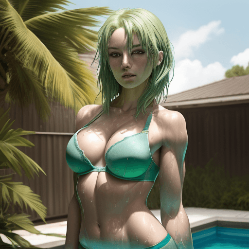 AI generated: HDR photo of beautiful fair skin woman with  green hair, fit body, removing her bra, taking off her ...