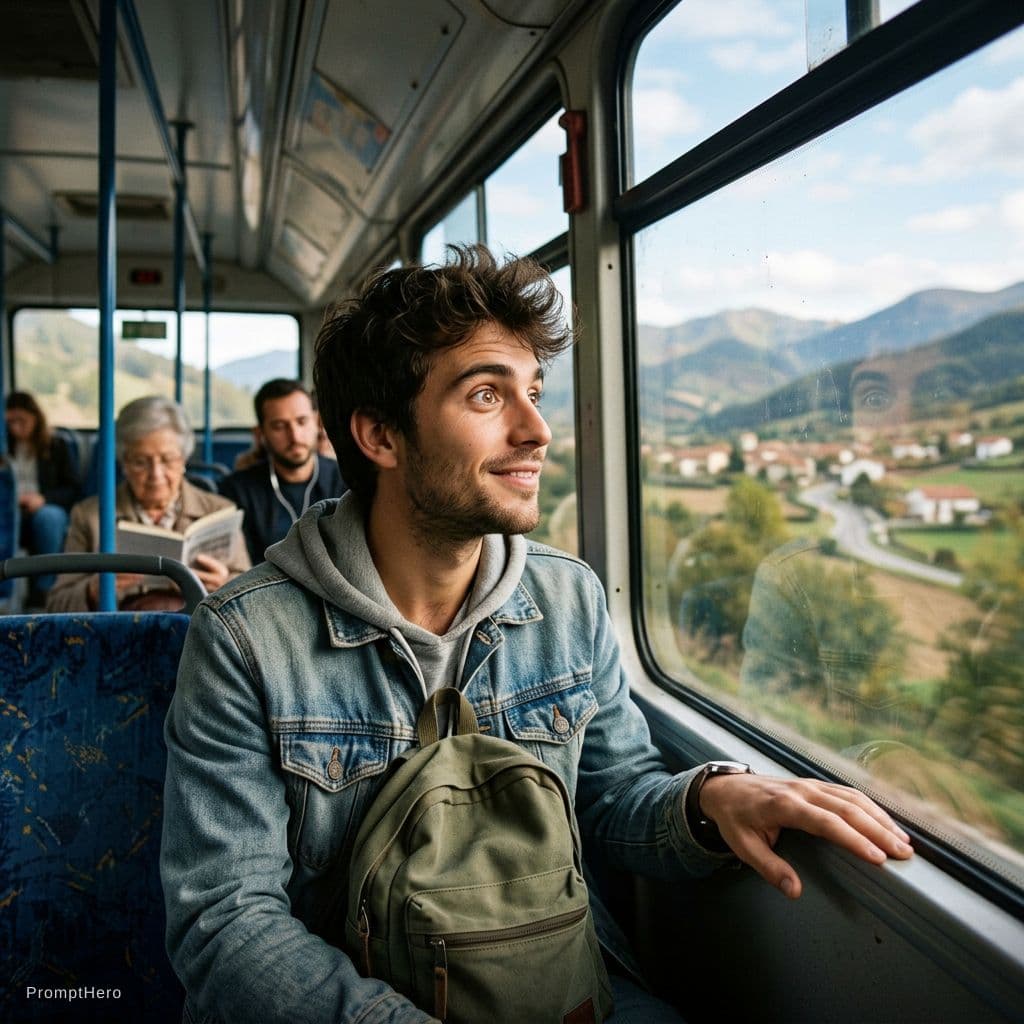 AI generated: genera una imagen de un chico de unos 25 años viajando en autobús que mira por la ventana con una mi...