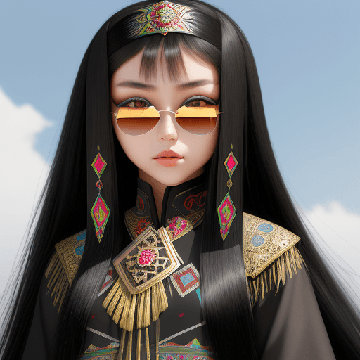 AI generated: kazakh beauty girl. black long hair. traditional clothes. line eyes. Turkish style. sunglasses refle...