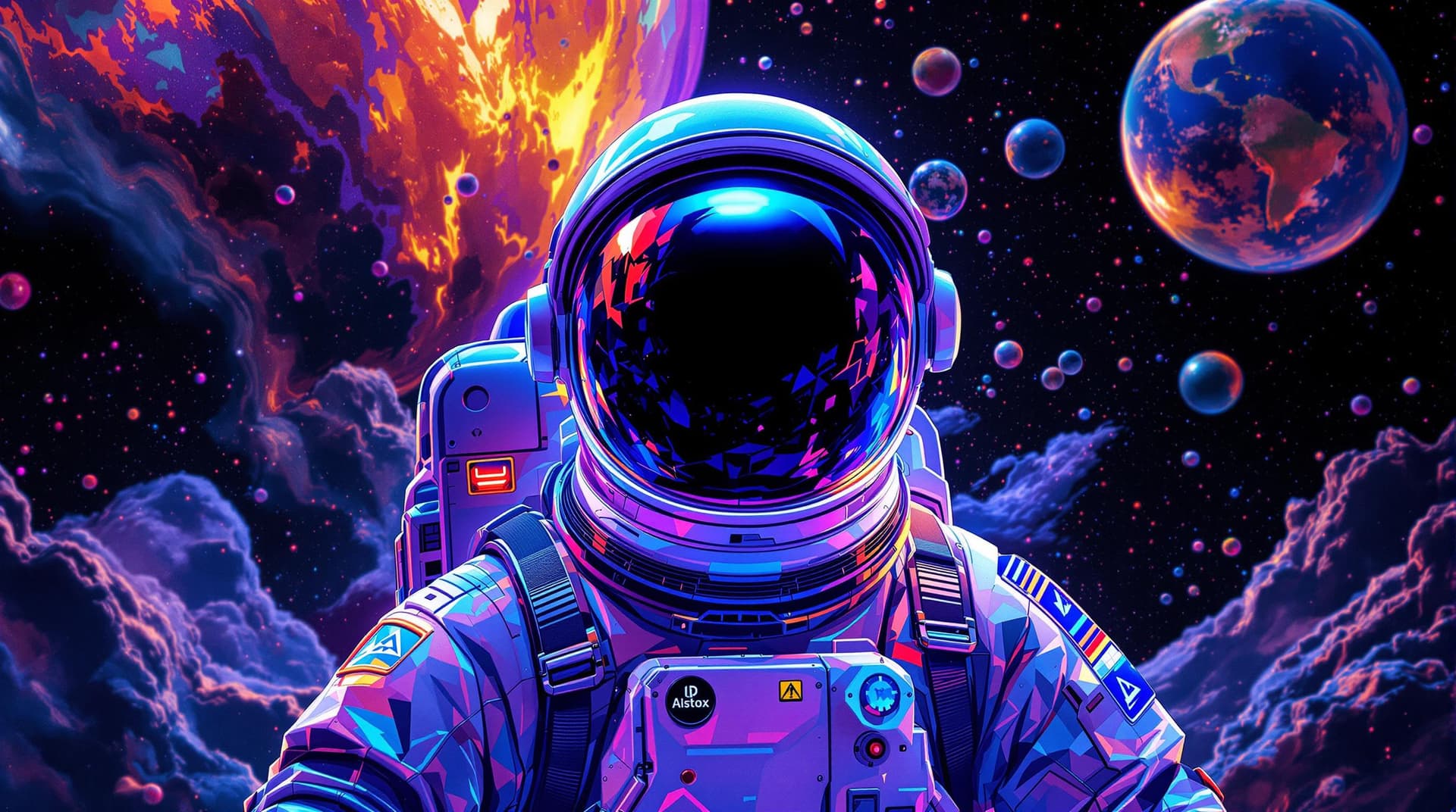 AI generated: 3D illustration of an astronaut in the center of the image in the style of Peter Max. His face is no...