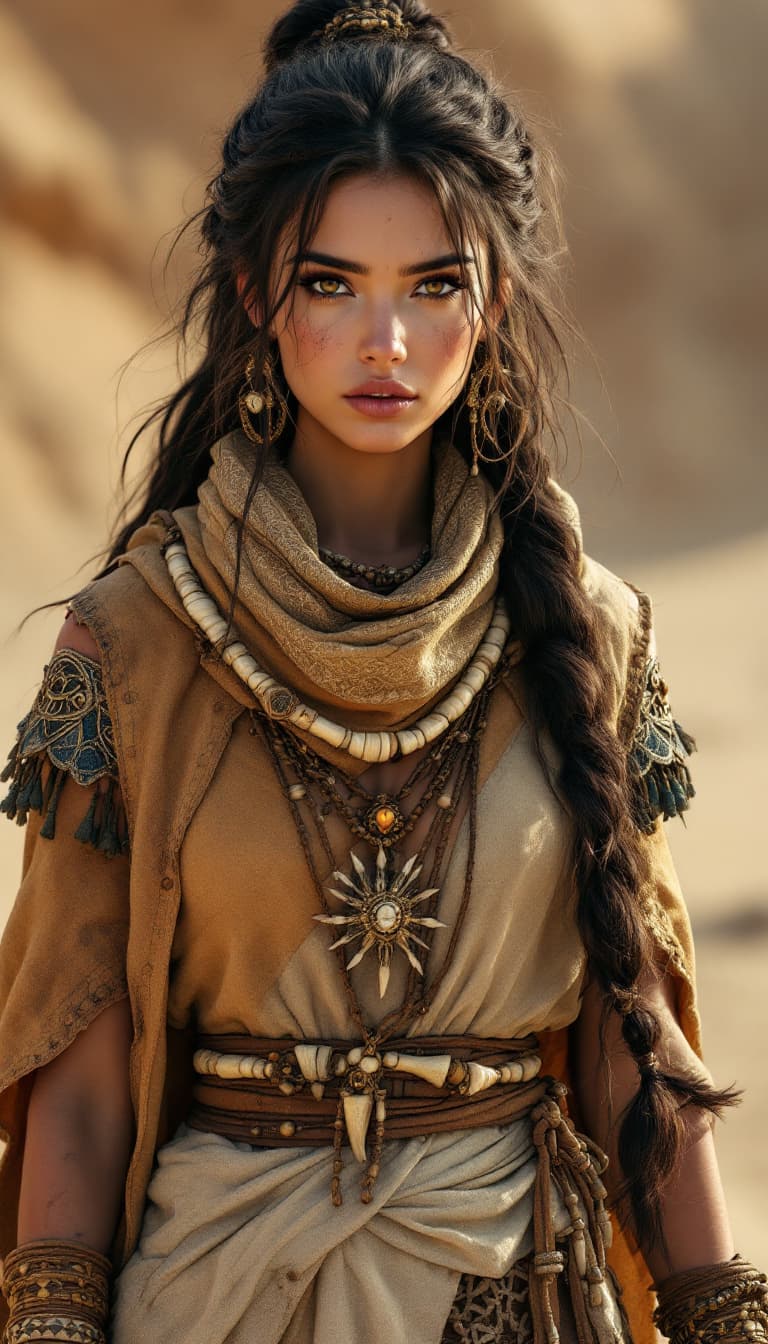 AI generated: An ultra-realistic, full-body portrait of a captivating desert nomad warrior woman, her pose both st...
