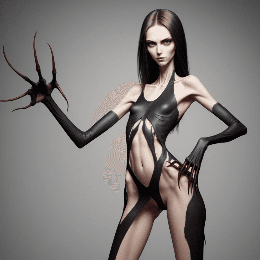 AI generated: photo of face an extremely skinny, flat-chested model with  long claws placed on the hips