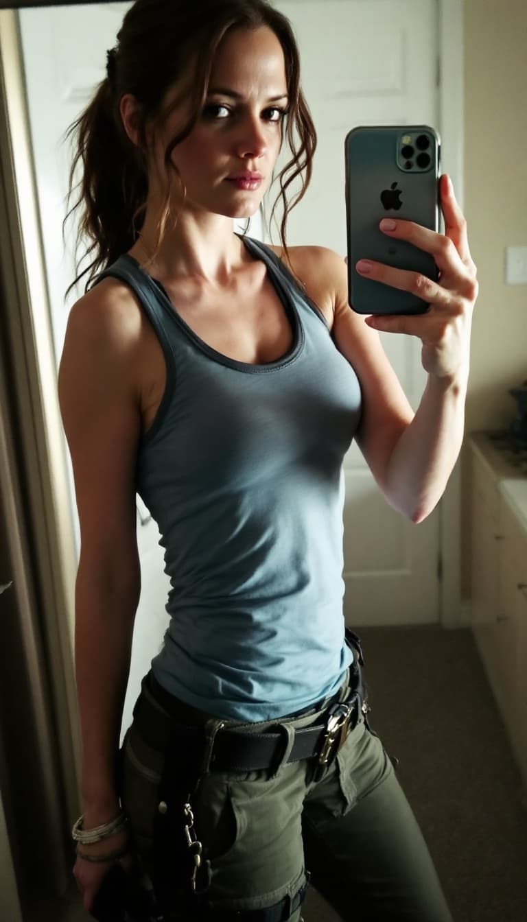 AI generated: Hayley Atwell, Tomb Raider 2013,shot on a iPhone selfie photo, light blue tank tshirt ,tank pants